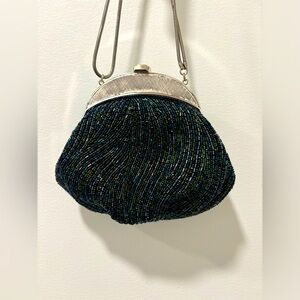Vtg Walborg Navy Black Iridescence Beaded Evening Purse Shell Antique